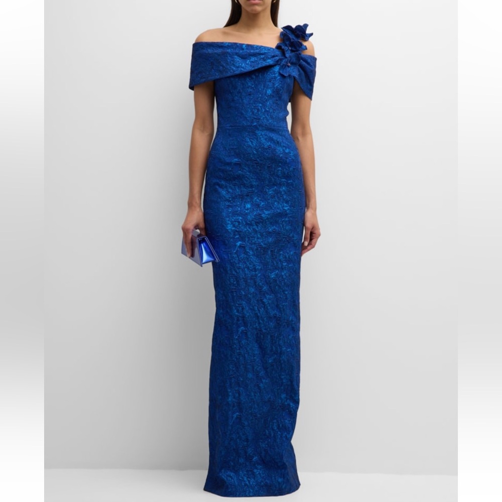 Rickie Freeman for Teri Jon One Shoulder Jacquard Column Gown